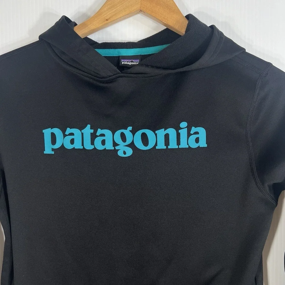 Patagonia Boys' Graphic PolyCycle Hoody Size Large 12‎ Black Teal Logo *READ*